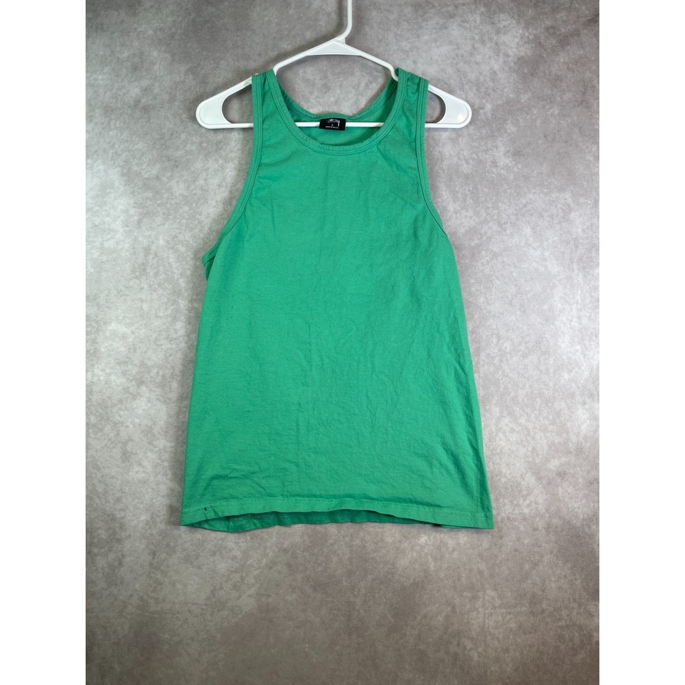 VINTAGE Stussy Tank Top Mens Small Green Casual Sleeveless Plain Skater Surf Y2K